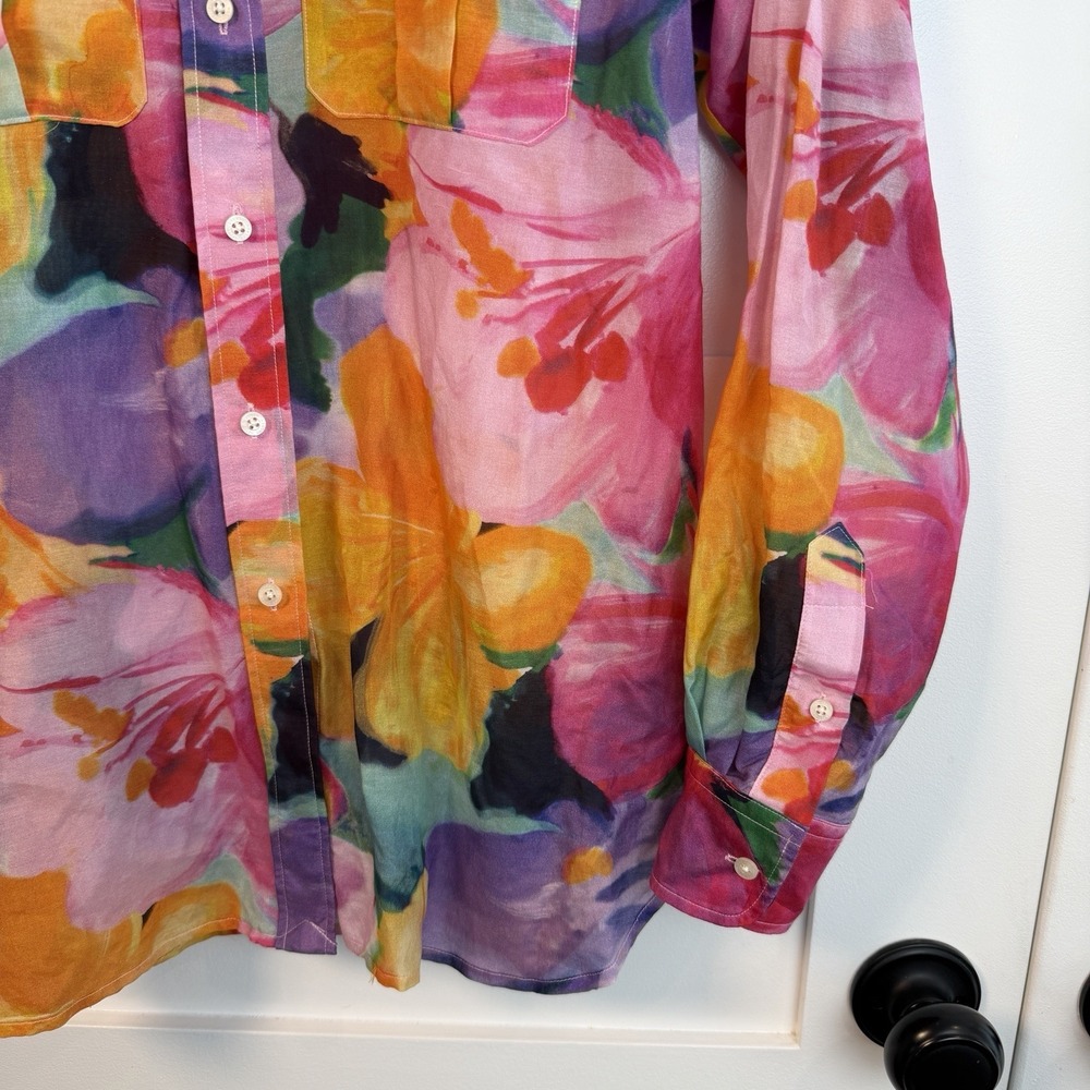 LRL Ralph Lauren Womens S Button Up Floral Silk Cotton Blouse Shirt Watercolors - Picture 6 of 15